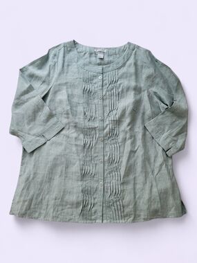 Alexandra Bartlett 2X 100% Linen Button Up Pintuck Tunic Shirt Plus Blue Green